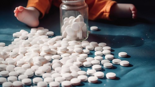 A young toddler has found some prescription pills at home