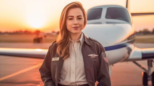Proud young adult female airline pilot in front of her private executive jet on the tarmac