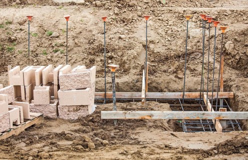 Details of a construction site with concrete blocks and rebar