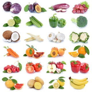 Fruit and vegetables fresh fruit collage with apple orange tomato lettuce square cut-out isolated in Stuttgart