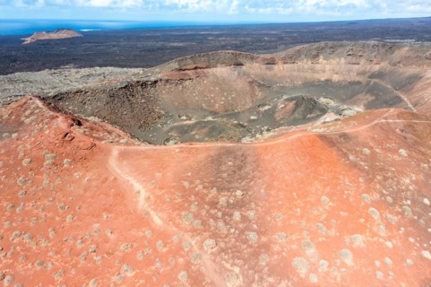 Volcanic crater in Timanfaya National Park in the Canary Islands Aerial view on the island of Lanzarote