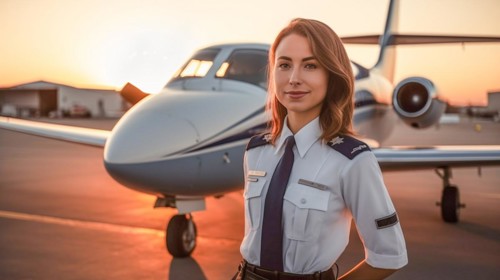 Proud young adult female airline pilot in front of her private executive jet on the tarmac