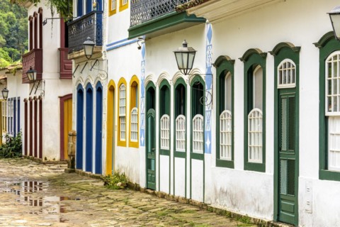 Quiet streets with colorful old colonial-style houses and cobblestones in the historic city of Paraty on the south coast of the state of Rio de Janeiro