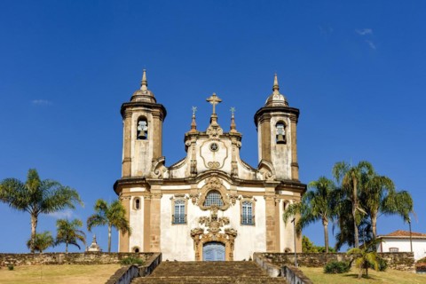 Front view of historic 18th century church in colonial architecture in the city of Ouro Preto in Minas Gerais