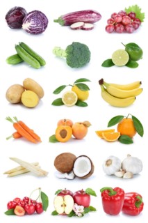 Fruit and vegetables fresh fruit collage with apple orange tomato lettuce cut-out isolated in Stuttgart