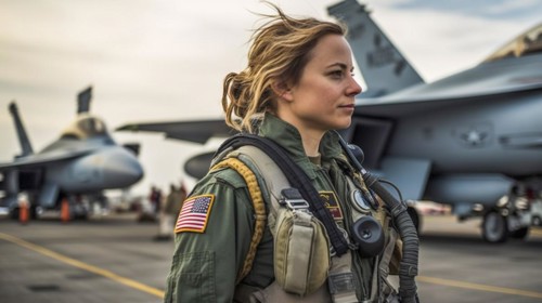 Proud young adult female air force fighter pilot in front of her F-16 combat aircraft on the tarmac