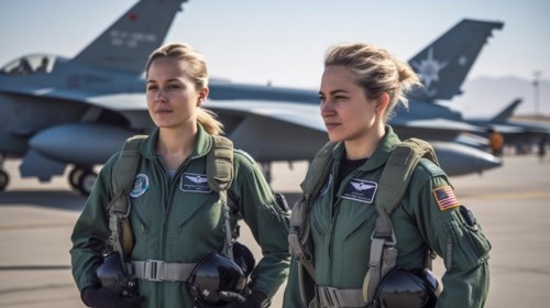Two proud young adult female air force fighter pilots in front of their F-16 combat aircraft on the tarmac