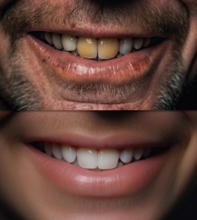 Middle-aged man showing his beautiful before and after teeth dental work and whitening smile