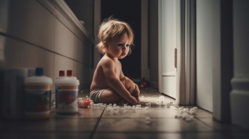 A young toddler has found some prescription pills at home
