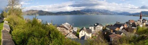 View over the village Attersee am Attersee and the evangnlical church to the lake Attersee