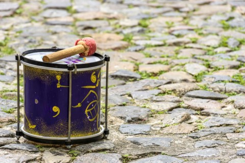Small drum decorated on the cobblestones of the Pelourinho slopes in Salvador
