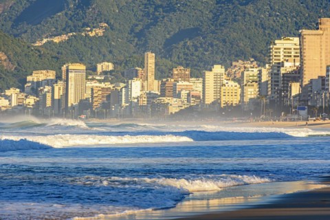 Sunrise on Ipanema beach in Rio de Janeiro with the sea