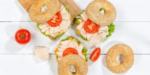 Bagel sandwich for breakfast topped with chicken ham from above Panorama in Stuttgart
