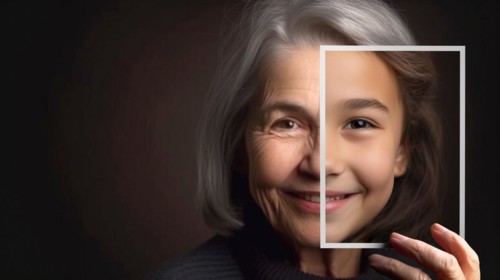 Elderly woman with wrinkled skin portrait holding A photo of herself as A young girl with perfect skin