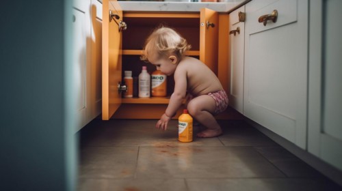 A young toddler on the floor of the kitchen or bathroom has found various cleaning and other chemicals in an unsecured cabinet at home