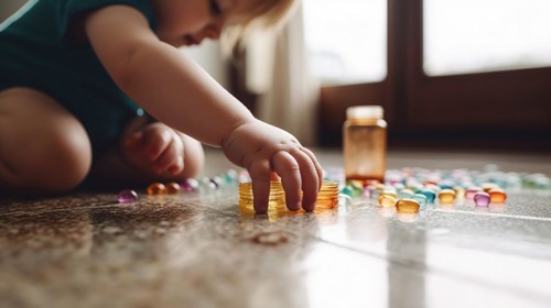 A young toddler has found some prescription pills at home