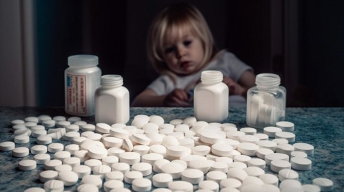 A young toddler has found some prescription pills at home