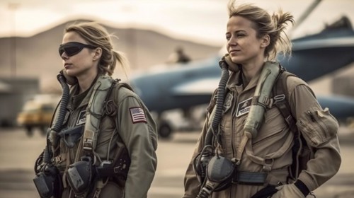 Two proud young adult female air force fighter pilots in front of their F-16 combat aircraft on the tarmac