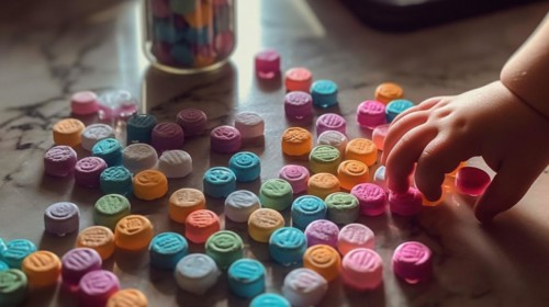 A young toddler is reaching for some rainbow fentanyl pills at home