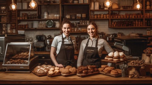 Proud young adult female partners at the counter of their new bakery shop in europe