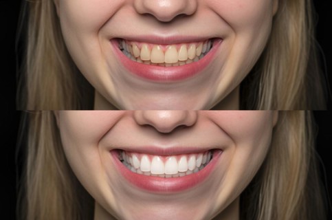 Young adult girl showing her beautiful before and after teeth whitening smile