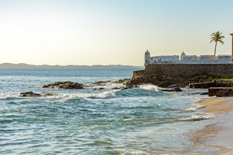 Old and historic colonial style fortress built in the 17th century on the seafront of Salvador