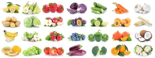 Fruit and vegetables fruits with apple orange lemon tomatoes as banner collage background cropped isolated in Stuttgart
