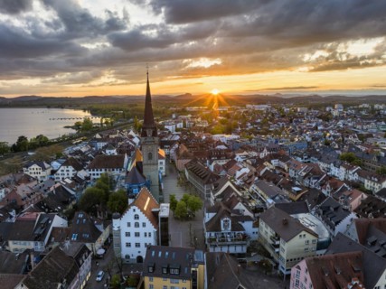 Aerial view of the town of Radolfzell on Lake Constance at sunset