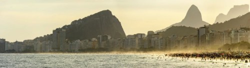 Panoramic image of Copacabana beach during sunset on a tropical summer afternoon in the city of Rio de Janeiro