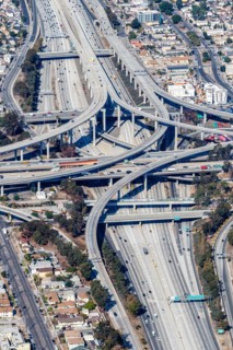 Aerial view of Harbor interchange and Century Freeway traffic in Los Angeles