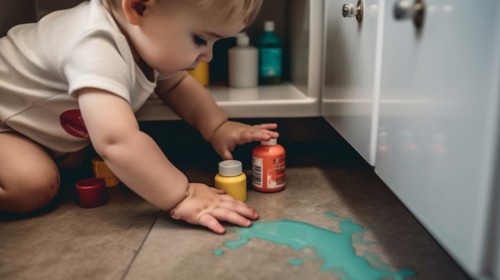 A young toddler on the floor of the kitchen or bathroom has found various cleaning and other chemicals in an unsecured cabinet at home