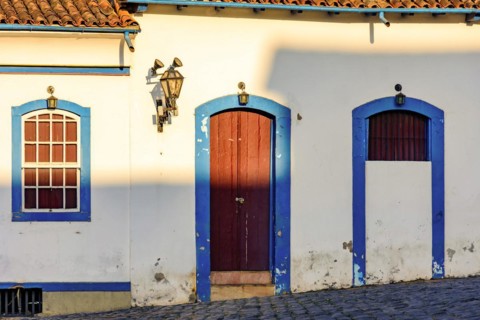 Facade of old house in colonial architecture in the city of Ouro Preto