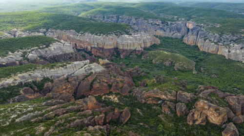 Aerial of the Sandstone cliffs in the Unesco site Serra da Capivara National Park