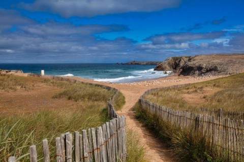 Cliffs and beach on the Cote Sauvage on the west side of the Quiberon peninsula