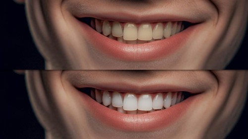 Young adult man showing his beautiful before and after teeth whitening smile
