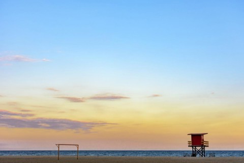 Rescue cabin on Copacabana beach at a tropical sunset on Rio de Janeiro city