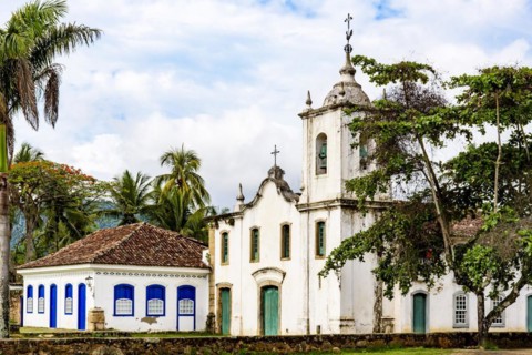 Famous churche between th vegetation in the ancient and historic city of Paraty on the south coast of the state of Rio de Janeiro founded in the 17th century