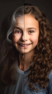 Side by side elderly woman photograph next to herself as A young girl