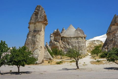 Typical and inhabited rock formations in the Cappadocia region of Turkey