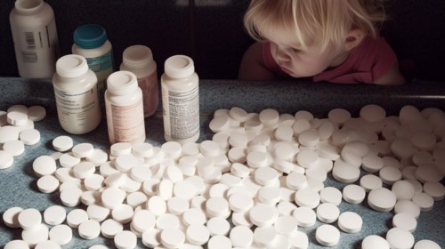 A young toddler has found some prescription pills at home