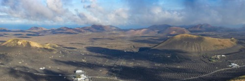 Panorama from Montana de Guardilama to Montana Chupaderos and Montana Diama and the winegrowing area La Geria