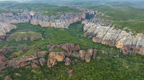 Aerial of the Sandstone cliffs in the Unesco site Serra da Capivara National Park