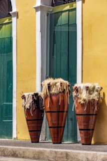 Decorated ethnic drums also called atabaques on the streets of Pelourinho district