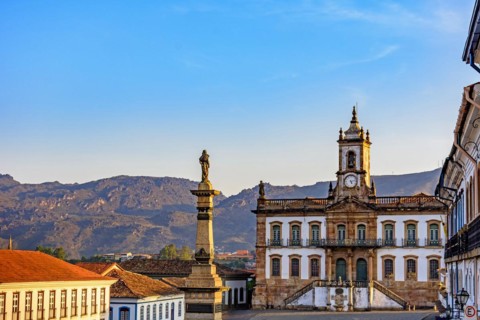 Ancient Ouro Preto central square with its historic buildings and monuments in 18th century Baroque and colonial architecture