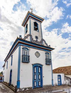Baroque style church facade with colorful details in Diamantina
