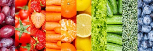 Fruit and vegetables background fresh fruits berries fruit salad panorama as collage in Stuttgart