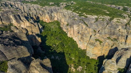 Aerial of the Sandstone cliffs in the Unesco site Serra da Capivara National Park