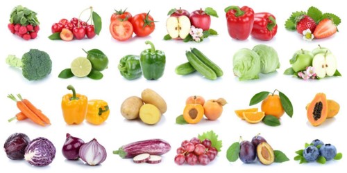 Fruit and vegetables fresh fruit collage with apple orange tomato lettuce banner cropped isolated in Stuttgart