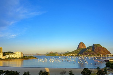Guanabara Bay and Botafogo Beach and its boats with the Sugarloaf Mountain in the background in the city of Rio de Janeiro