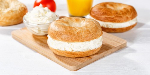Bagel sandwich for breakfast topped with cream cheese Panorama in Stuttgart